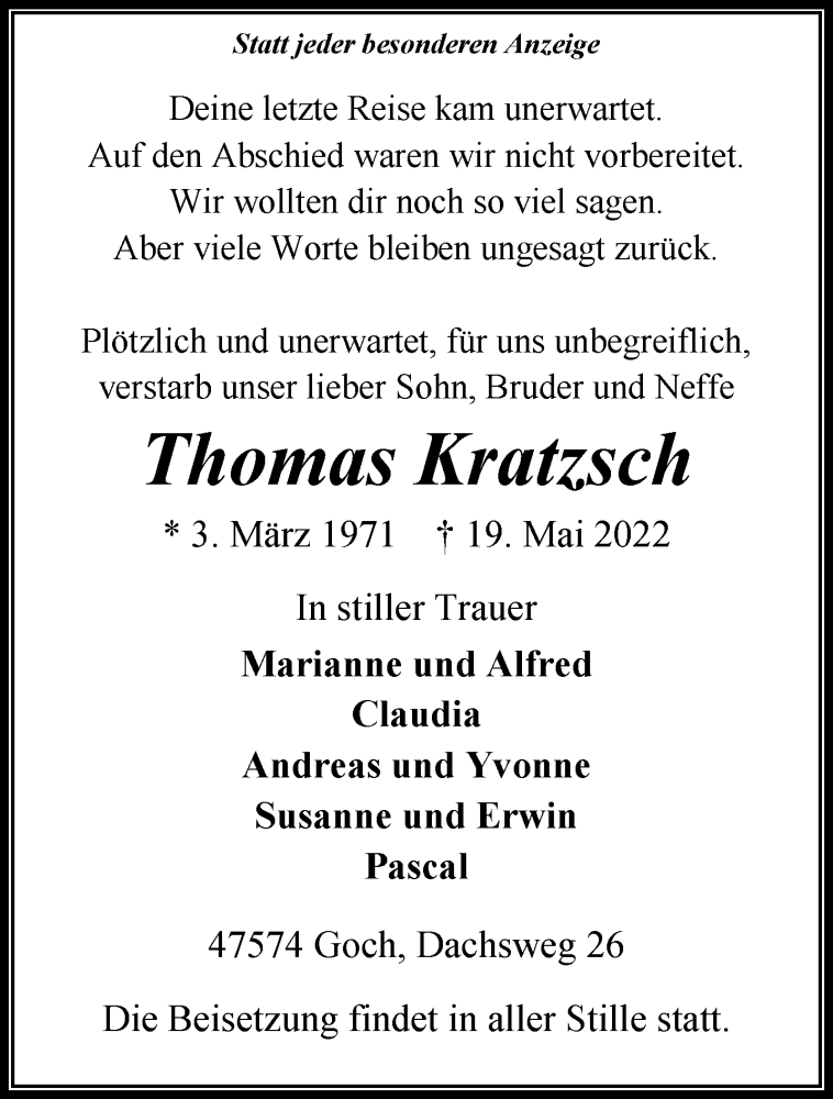  Traueranzeige für Thomas Kratzsch vom 11.06.2022 aus 