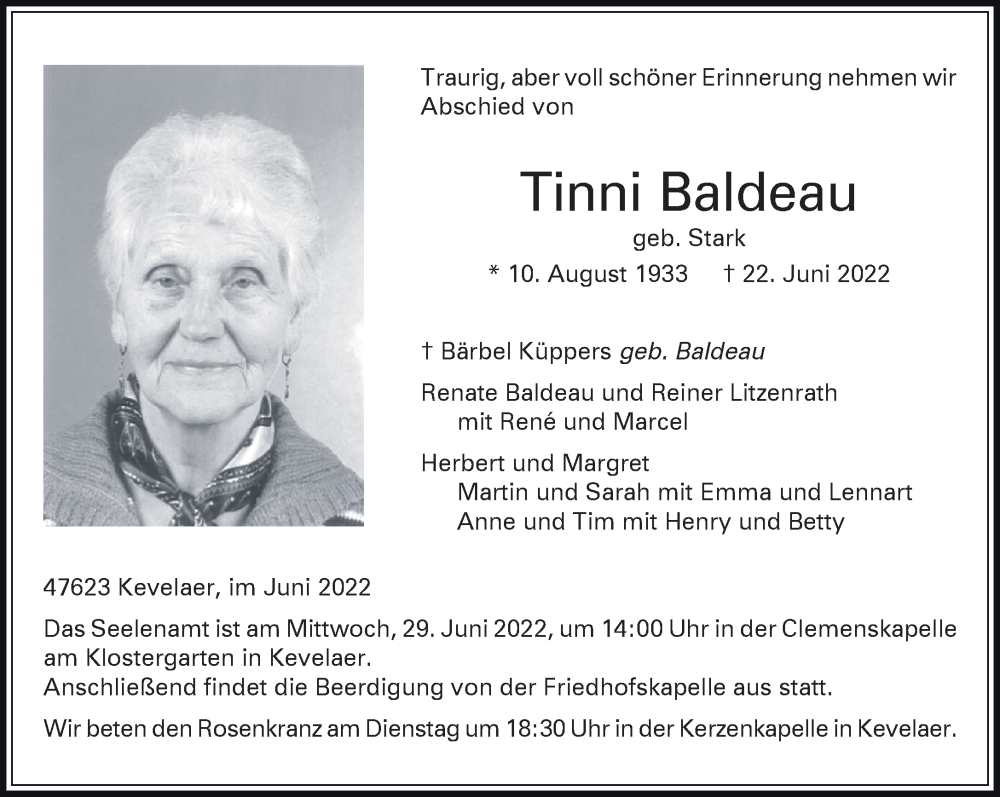  Traueranzeige für Tinni Baldeau vom 25.06.2022 aus 