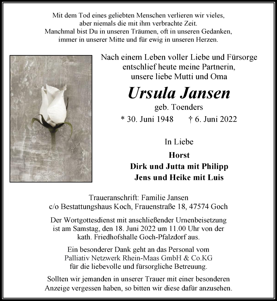  Traueranzeige für Ursula Jansen vom 11.06.2022 aus 