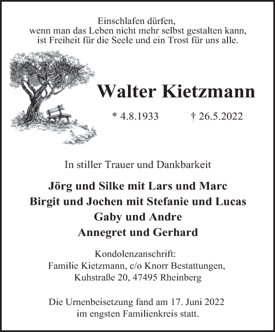 Traueranzeige von Walter Kietzmann 