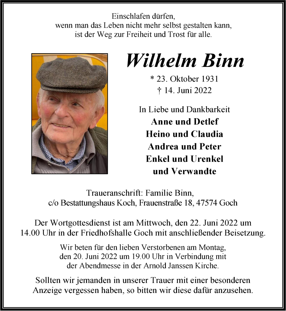  Traueranzeige für Wilhelm Binn vom 18.06.2022 aus 