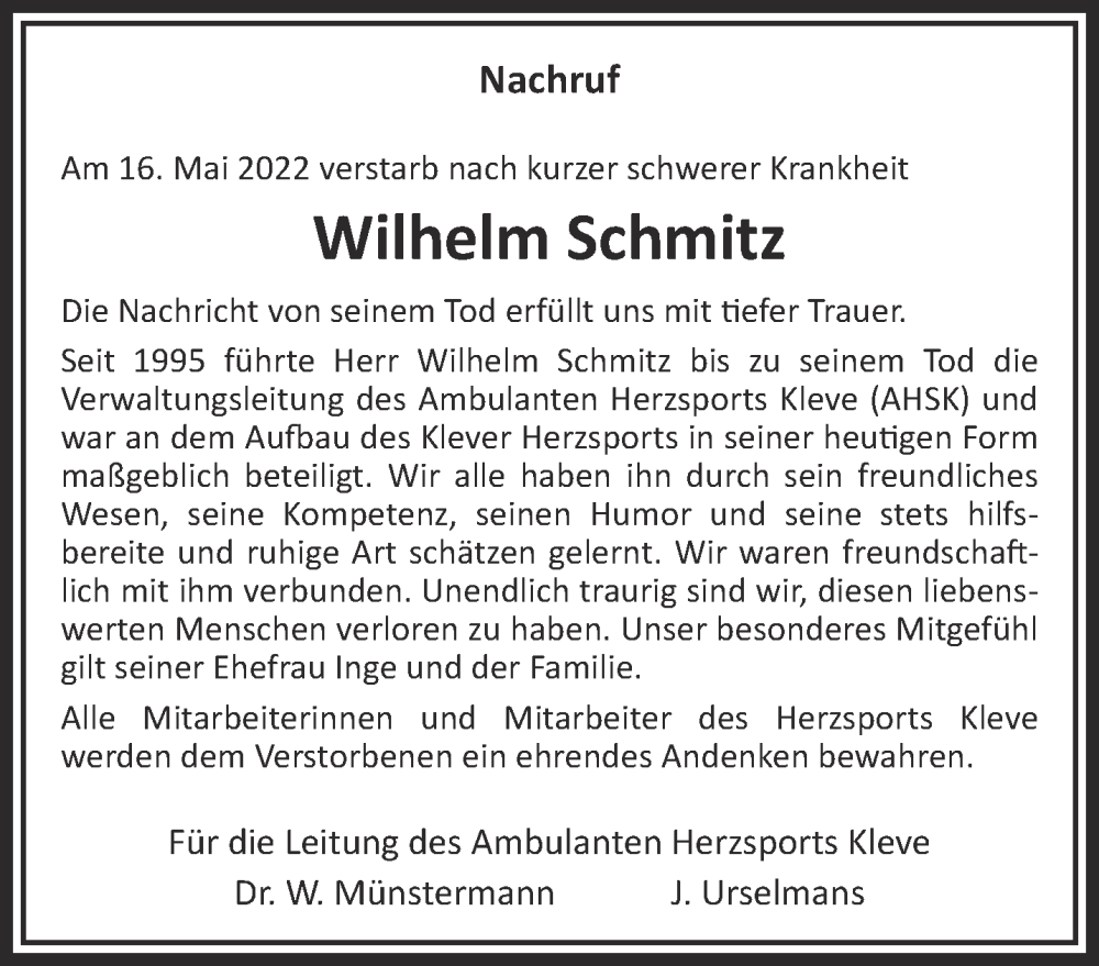  Traueranzeige für Wilhelm Schmitz vom 08.06.2022 aus 