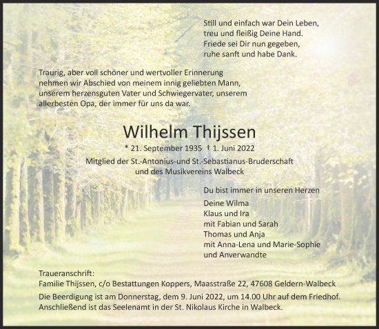 Traueranzeige von Wilhelm Thijssen 