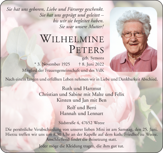 Traueranzeige von Wilhelmine Peters 