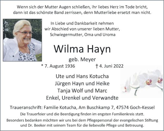 Traueranzeige von Wilma Hayn 