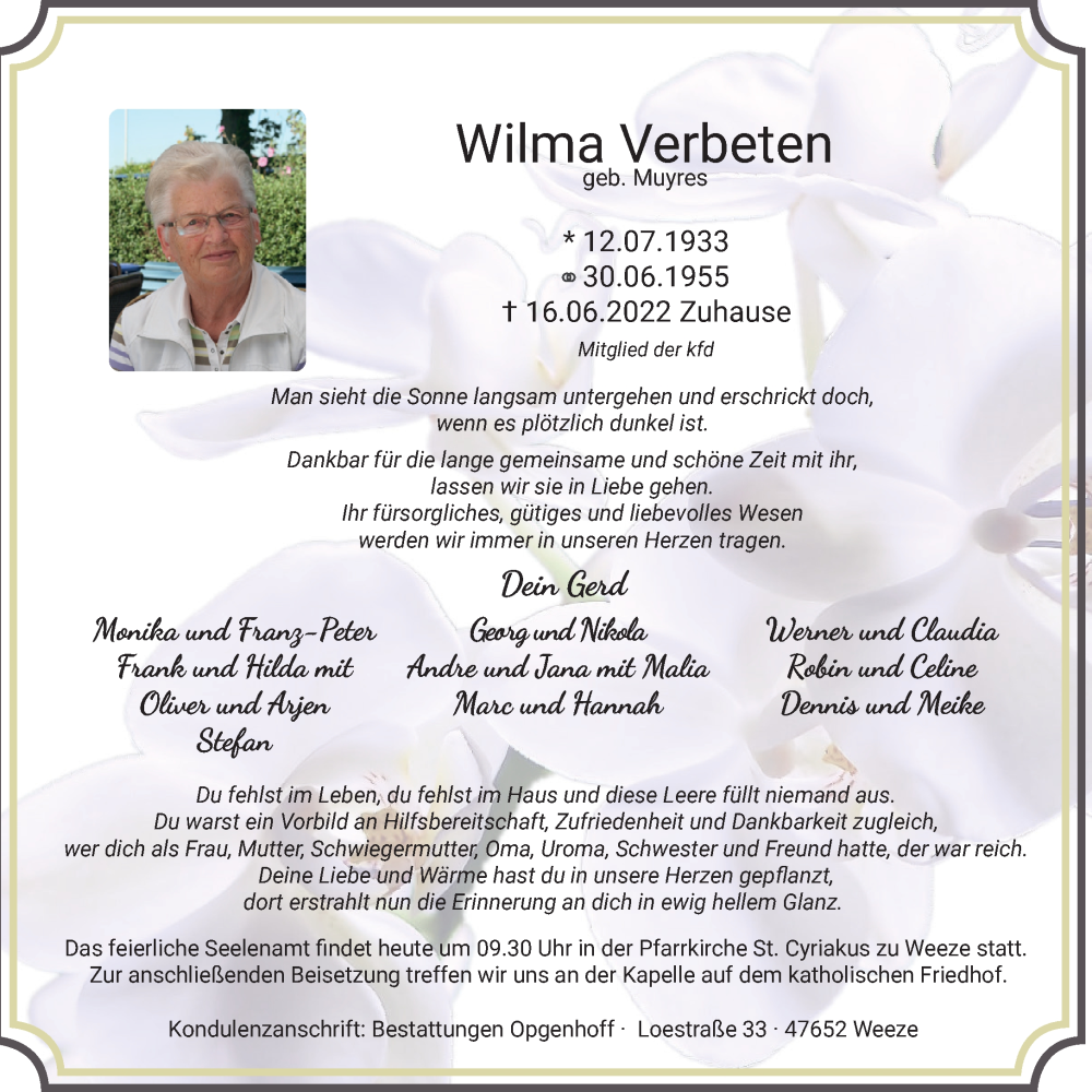  Traueranzeige für Wilma Verbeten vom 22.06.2022 aus 