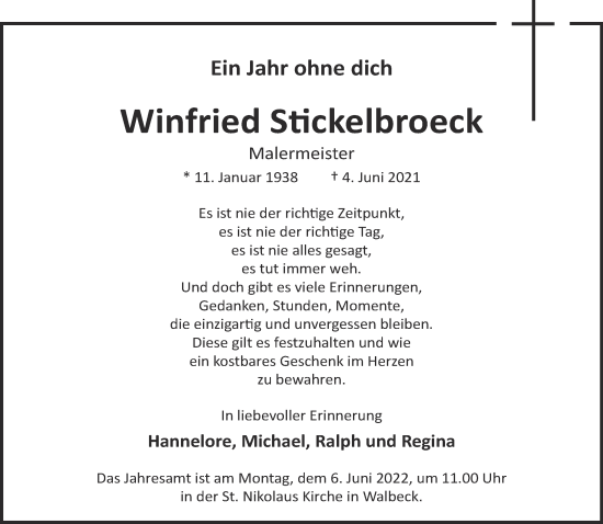 Traueranzeige von Winfried Stickelbroeck 