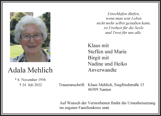 Traueranzeige von Adala Mehlich 