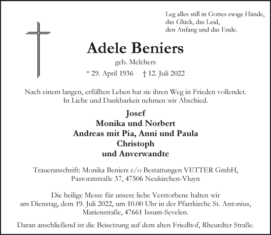Traueranzeige von Adele Beniers 