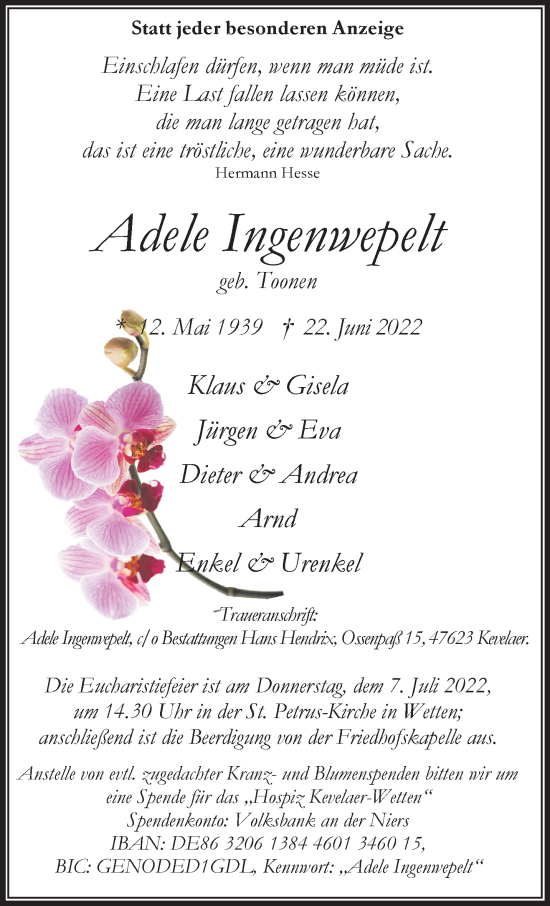 Traueranzeige von Adele Ingenwepelt 
