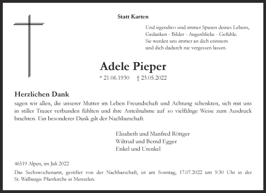Traueranzeige von Adele Pieper 