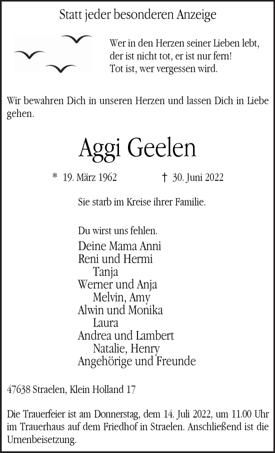 Traueranzeige von Aggi Geelen 