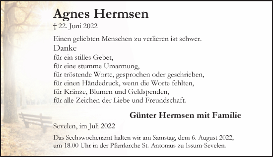 Traueranzeige von Agnes Hermsen 
