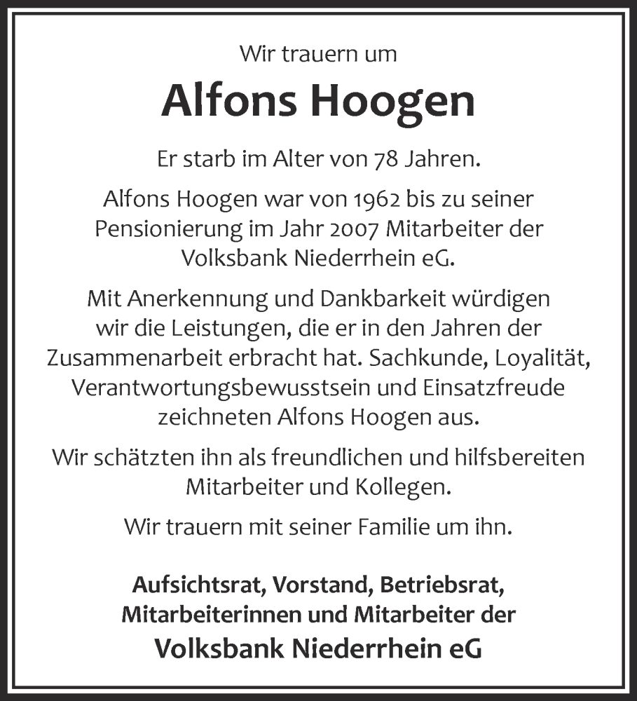  Traueranzeige für Alfons Hoogen vom 16.07.2022 aus 