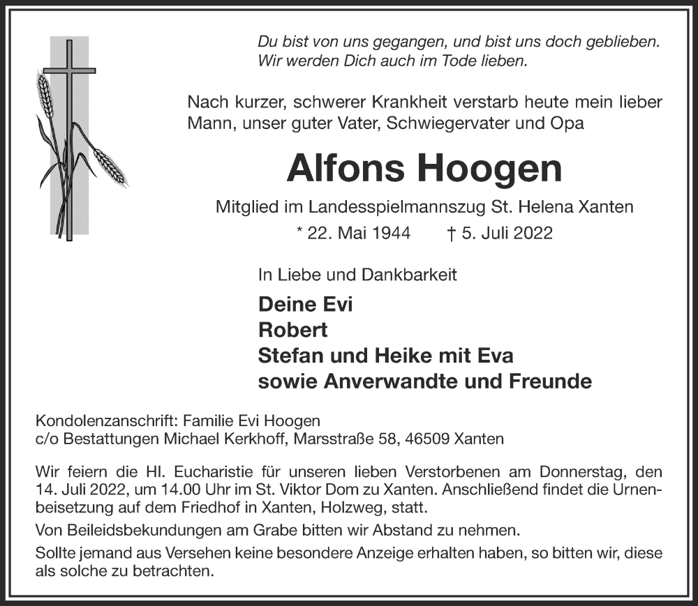  Traueranzeige für Alfons Hoogen vom 09.07.2022 aus 