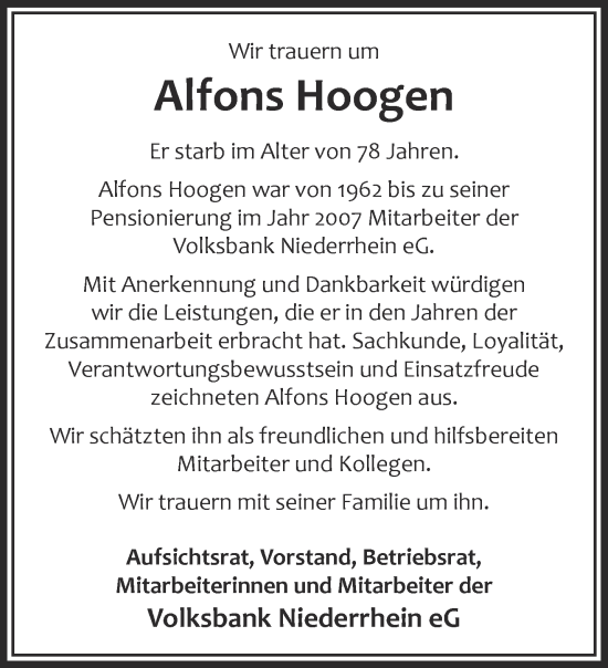 Traueranzeige von Alfons Hoogen 