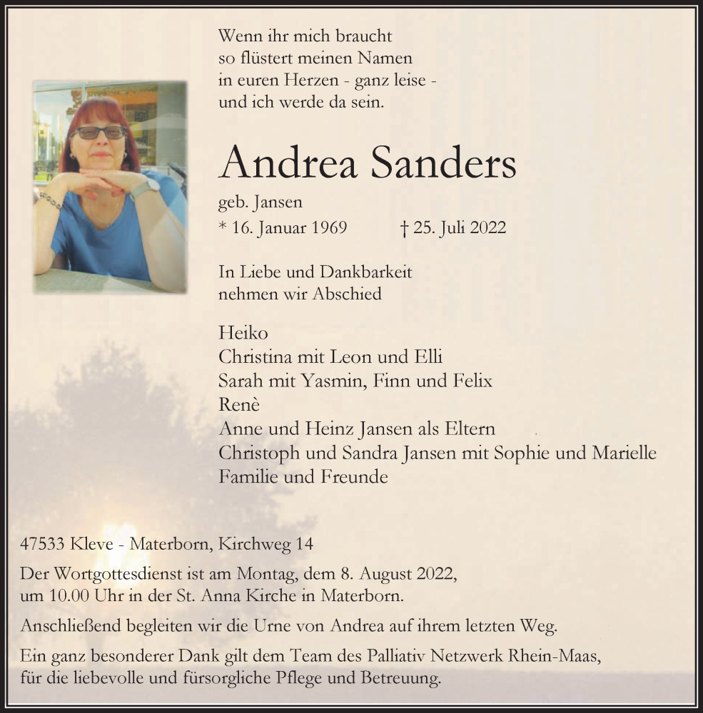  Traueranzeige für Andrea Sanders vom 30.07.2022 aus 