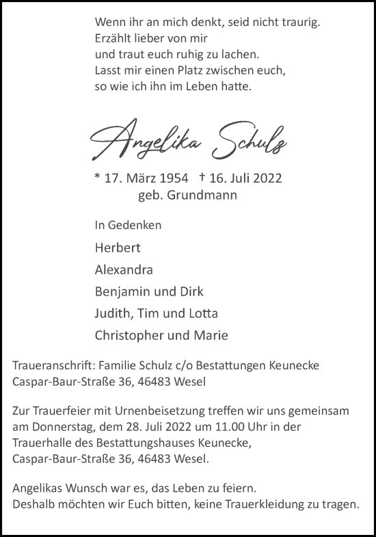 Traueranzeige von Angelika Schulz 