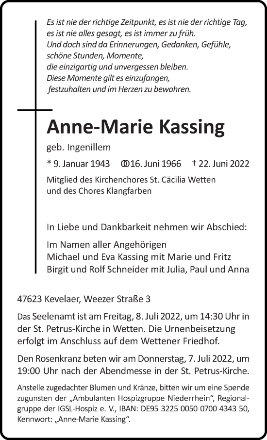 Traueranzeige von Anne-Marie Kassing 