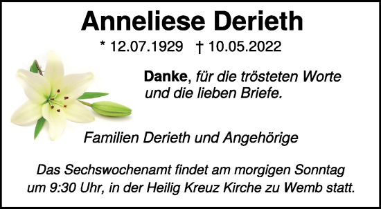 Traueranzeige von Anneliese Derieth 