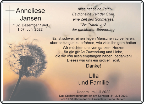 Traueranzeige von Anneliese Jansen 