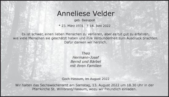 Traueranzeige von Anneliese Velder 