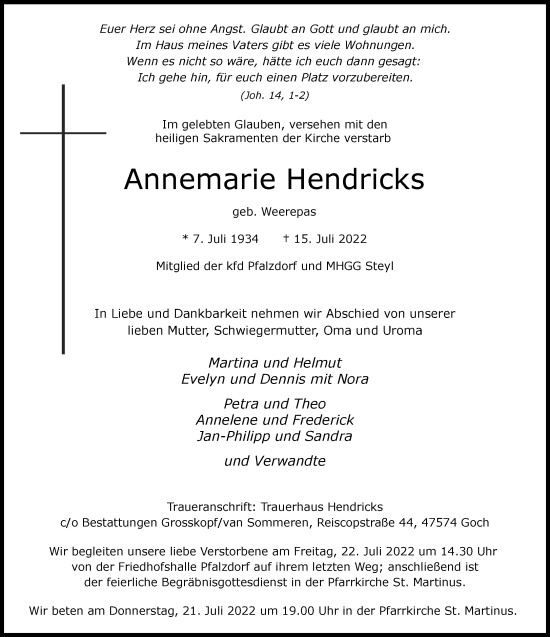 Traueranzeige von Annemarie Hendricks 