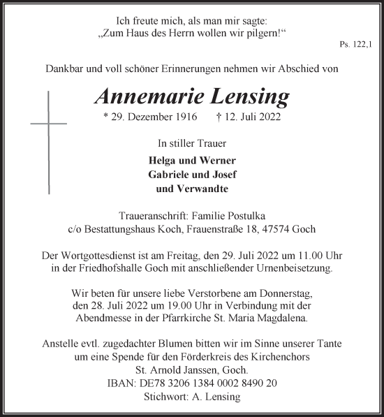 Traueranzeige von Annemarie Lensing 