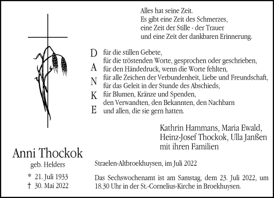 Traueranzeige von Anni Thockok 