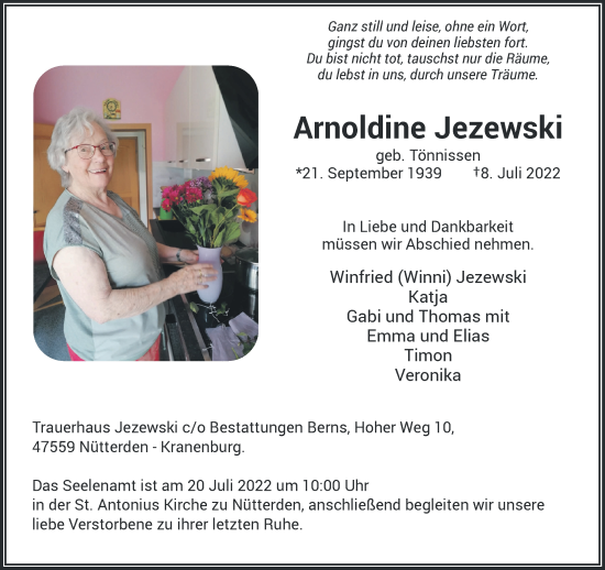 Traueranzeige von Arnoldine Jezewski 