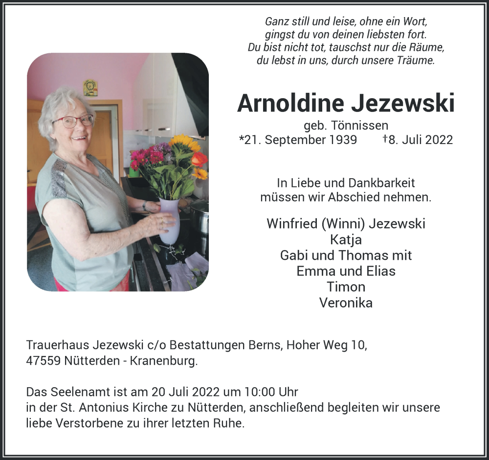  Traueranzeige für Arnoldine Jezewski vom 13.07.2022 aus 