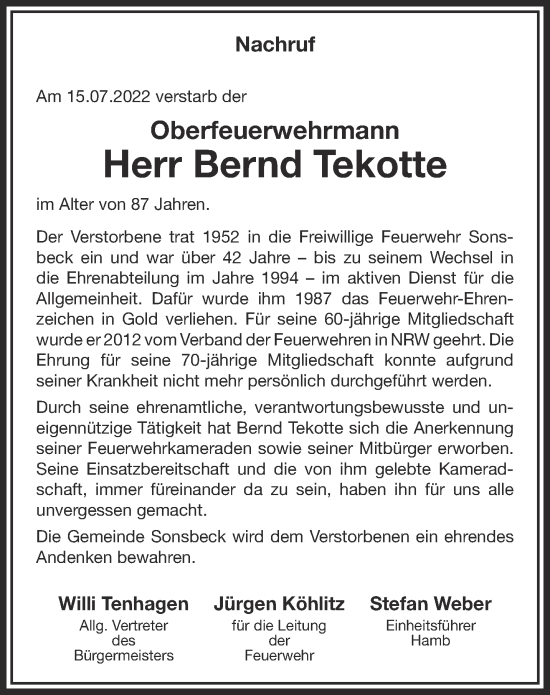 Traueranzeige von Bernd Tekotte 