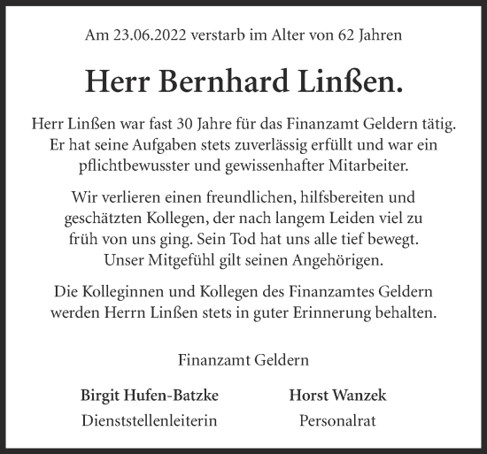 Traueranzeige von Bernhard Linßen 