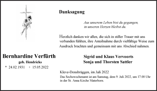 Traueranzeige von Bernhardine Verfürth 