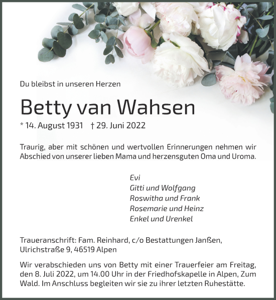 Traueranzeige von Betty van Wahsen 