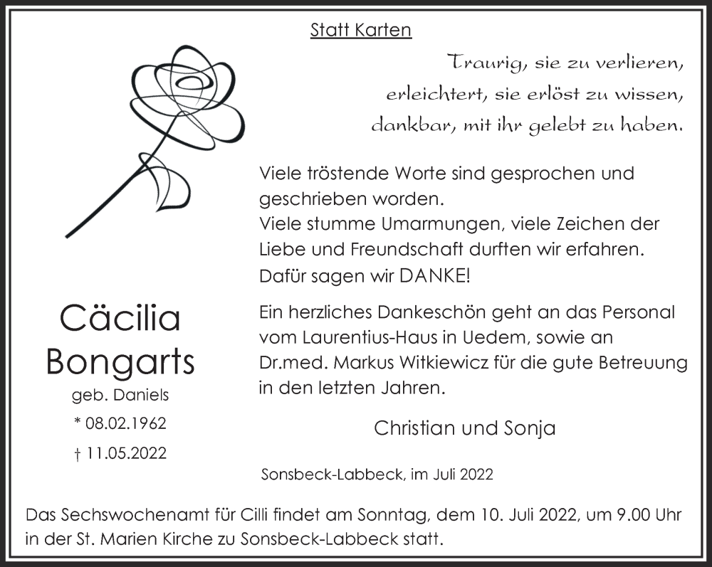  Traueranzeige für Cäcilia Bongarts vom 02.07.2022 aus 