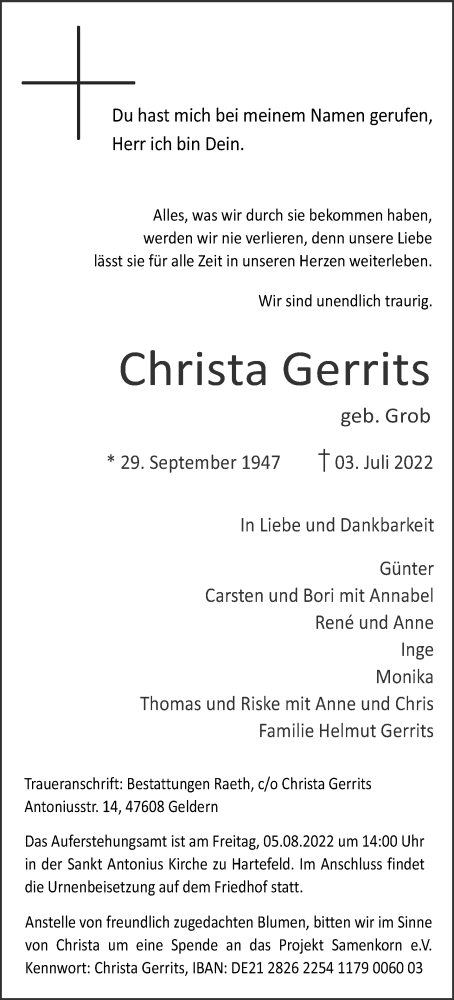 Traueranzeige von Christa Gerrits 