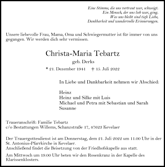 Traueranzeige von Christa-Maria Tebartz 