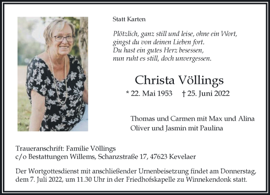 Traueranzeige von Christa Völlings 