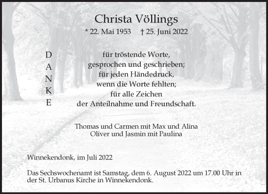 Traueranzeige von Christa Völlings 