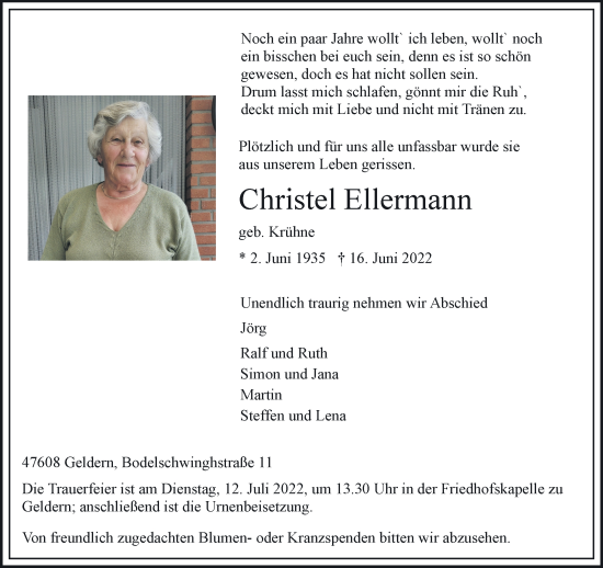 Traueranzeige von Christel Ellermann 