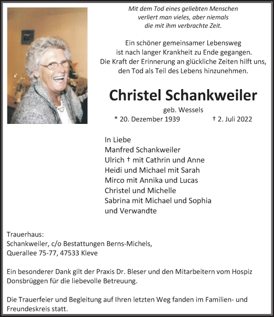 Traueranzeige von Christel Schankweiler 