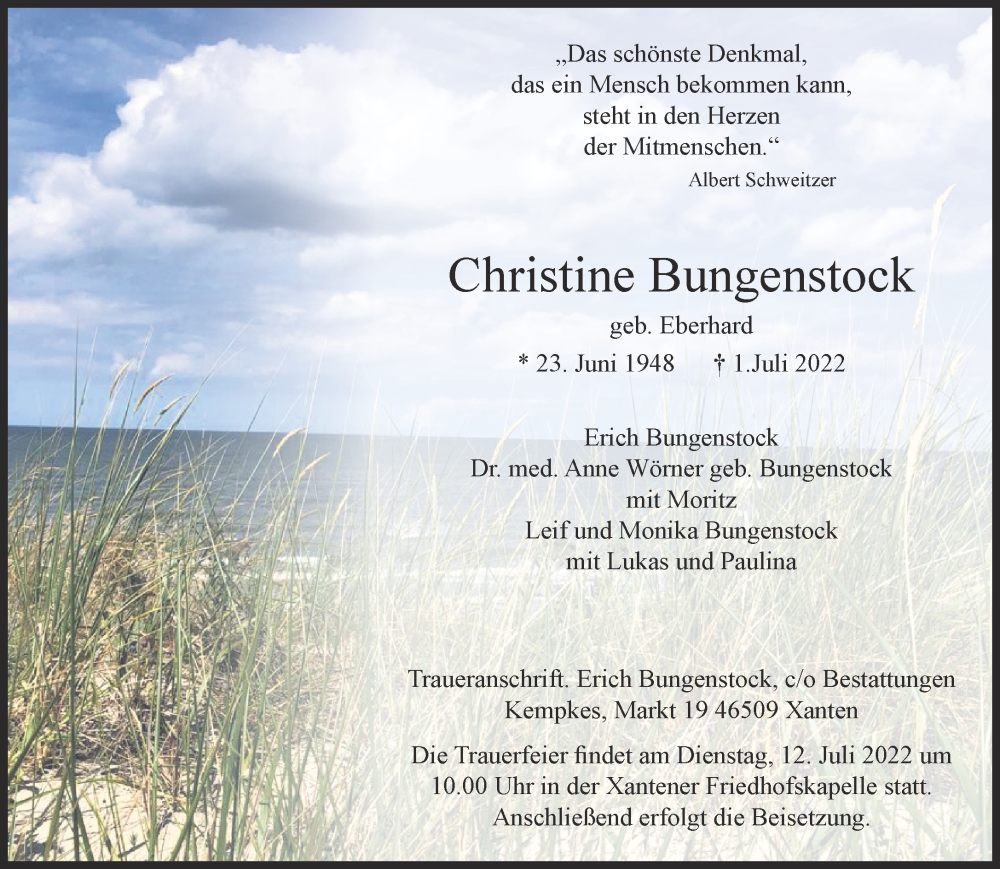  Traueranzeige für Christine Bungenstock vom 09.07.2022 aus 