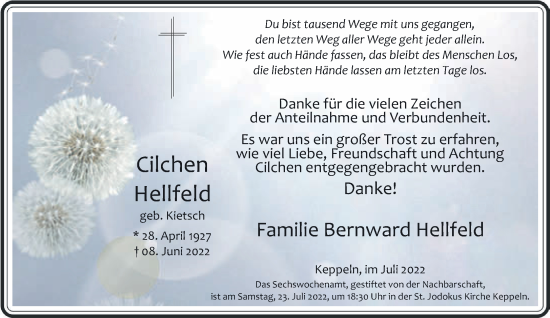 Traueranzeige von Cilchen Hellfeld 