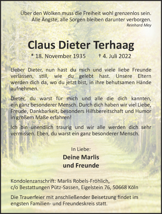 Traueranzeige von Claus Dieter Terhaag 