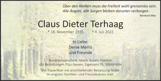 Traueranzeige von Claus Dieter Terhaag 