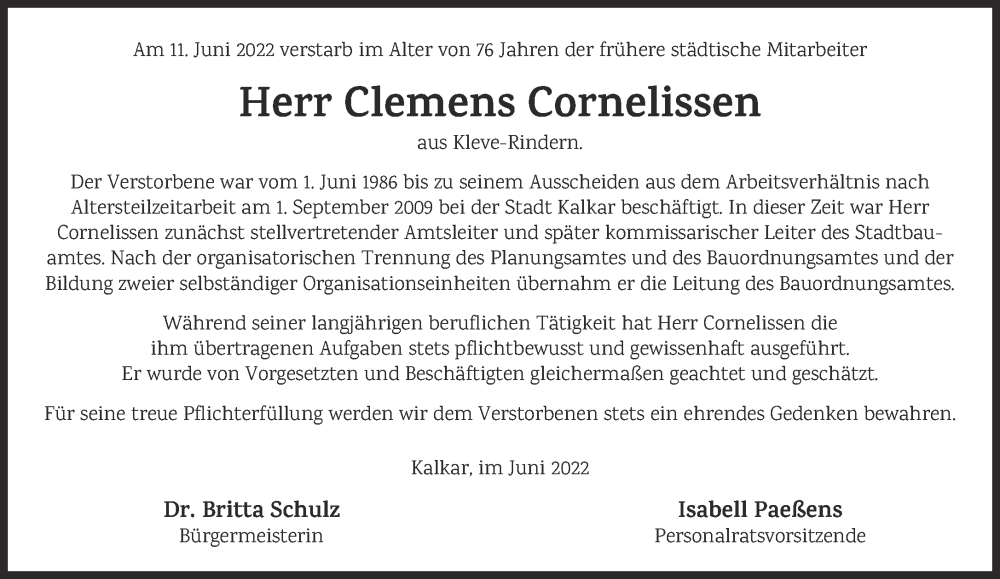  Traueranzeige für Clemens Cornelissen vom 02.07.2022 aus 