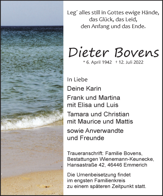 Traueranzeige von Dieter Bovens 