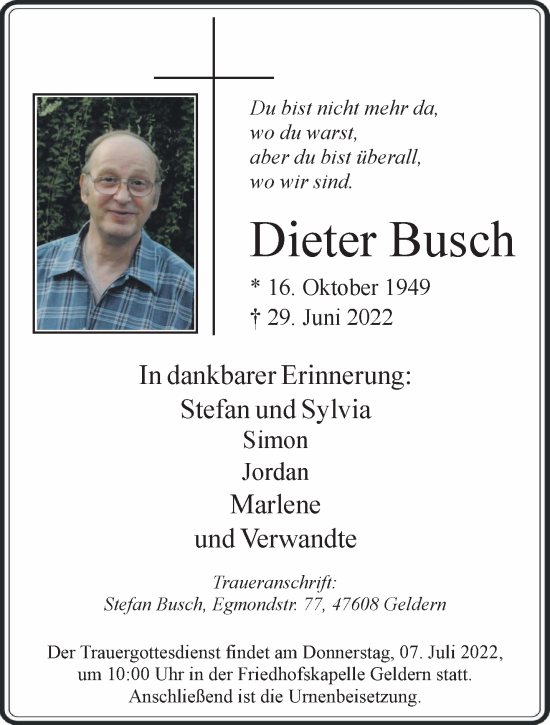 Traueranzeige von Dieter Busch 
