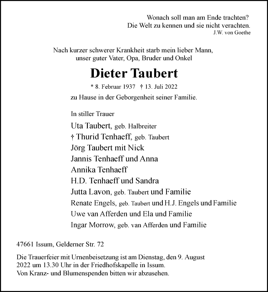  Traueranzeige für Dieter Taubert vom 23.07.2022 aus 